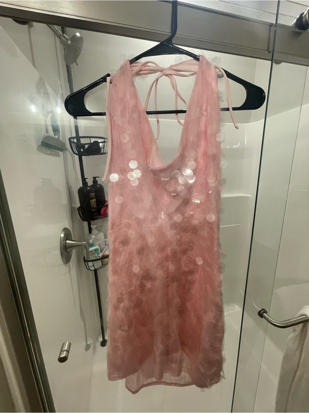 Pink Sequin Halter Slip Dress